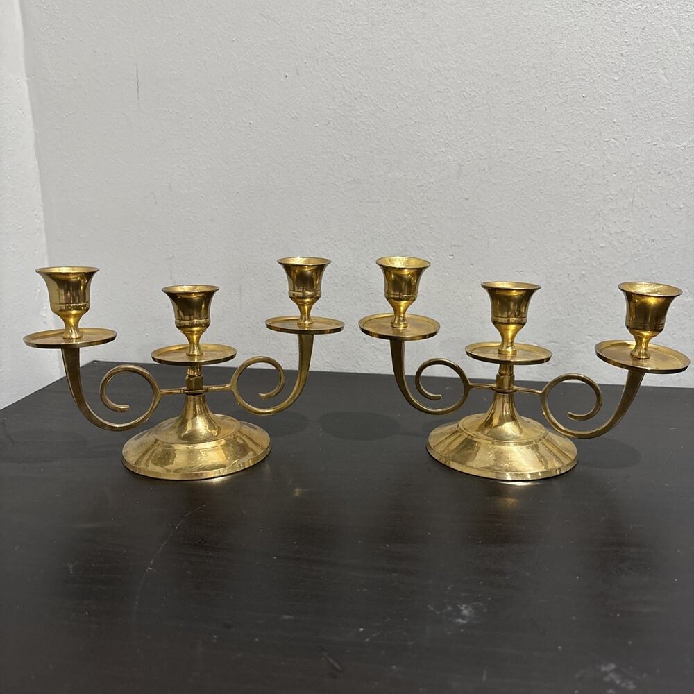 Pair Vtg 1992 Hosley Solid Brass 3 Arm Candelabra Candle Holder Colonial Classic